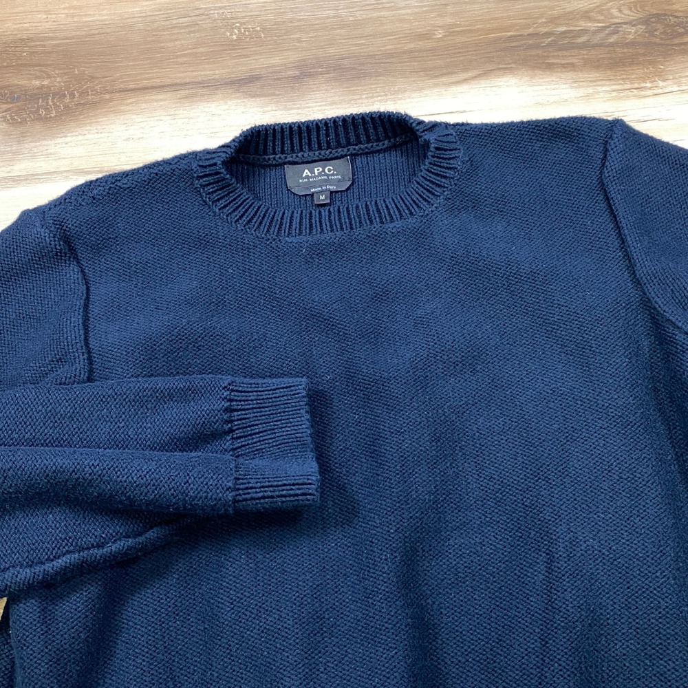 A.P.C. Crewneck Sweater Mens Medium Minimalist 100% Cotton Knit Navy Blue Paris